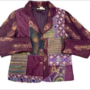 Vtg Wool Silk Multicolor Eclectic Patchwork Artsy Peacock Boho Folk Jacket S